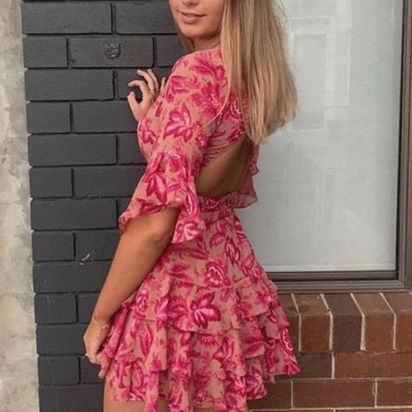 🚫Sundae Muse Christy Mini Tiered Dress, Floral Pink on Nude, Size 8 - Picture 12 of 14